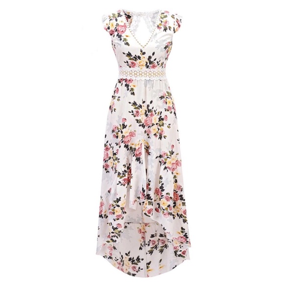 White Flower Crepe Asymmetrical Dress - Picture 5 of 6